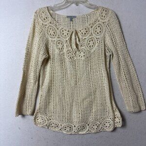 Shirt Top women sz M Open crochet Long Sleeve beige boho hippie festival cowgirl